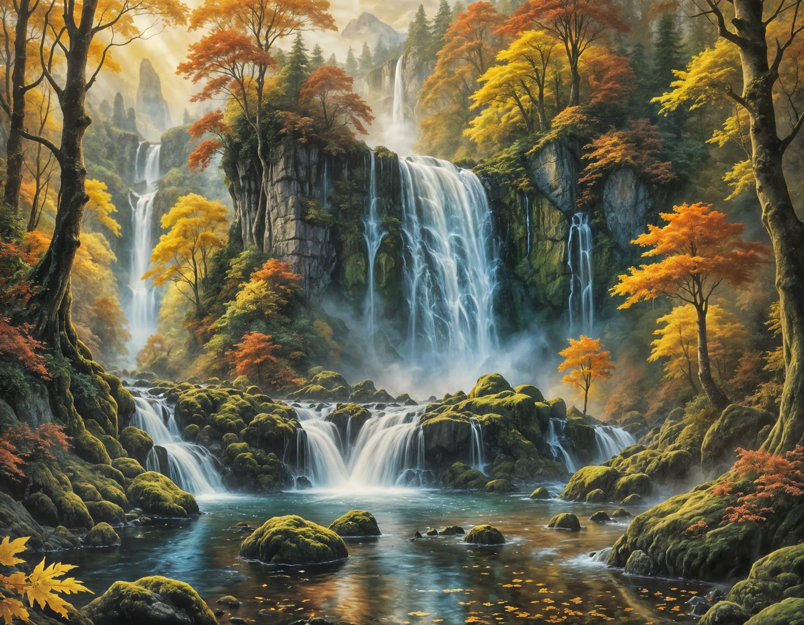 A breathtaking waterfall cascades down moss-covered rocks, surrounded by a vibrant forest ablaze with ...  by @xyu iwakura