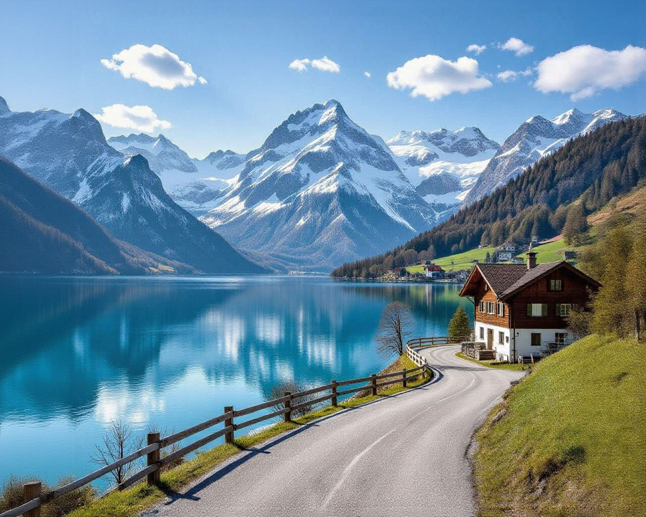 Swiss Alps in spring, lake is front and centered reflecting the snowy mounts behind it. A dirt road on the left side passing through a swiss...