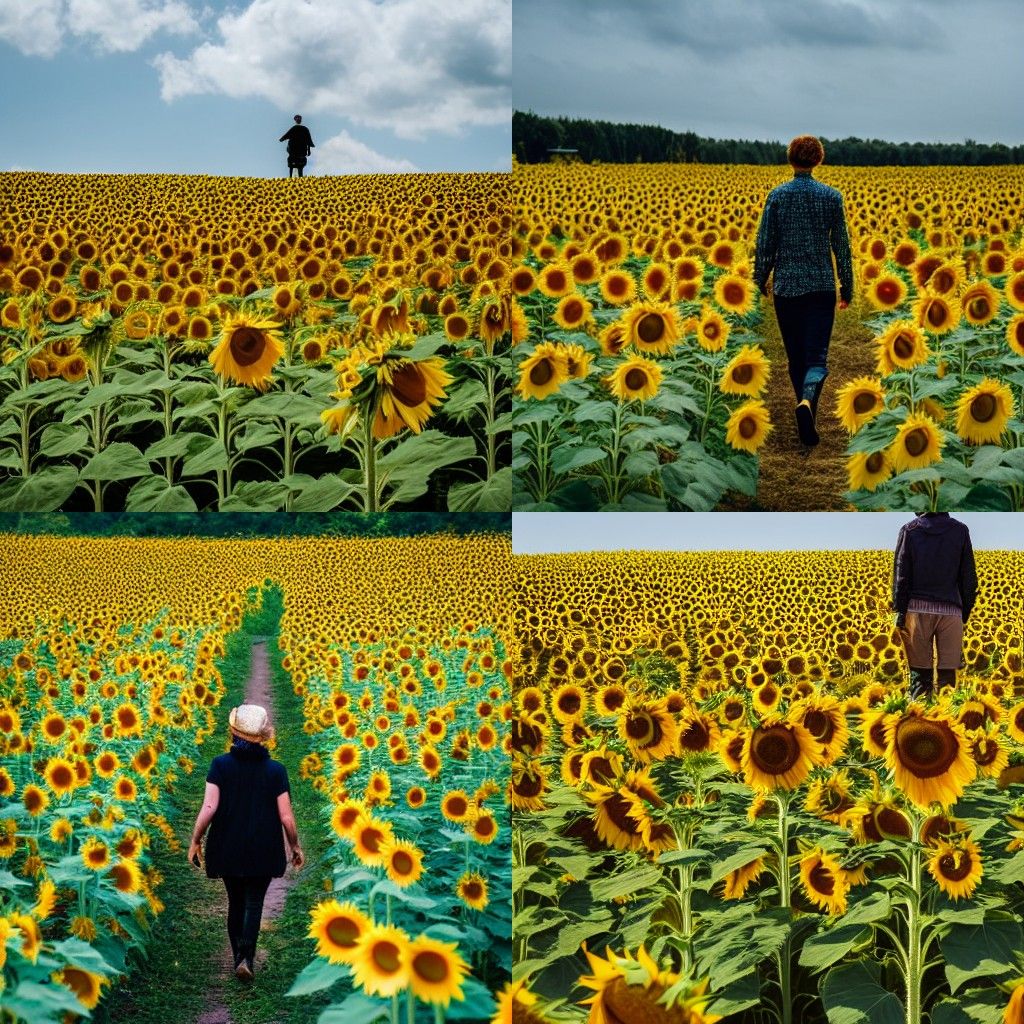 A Wanderer walks through a field of Sunflower flowers