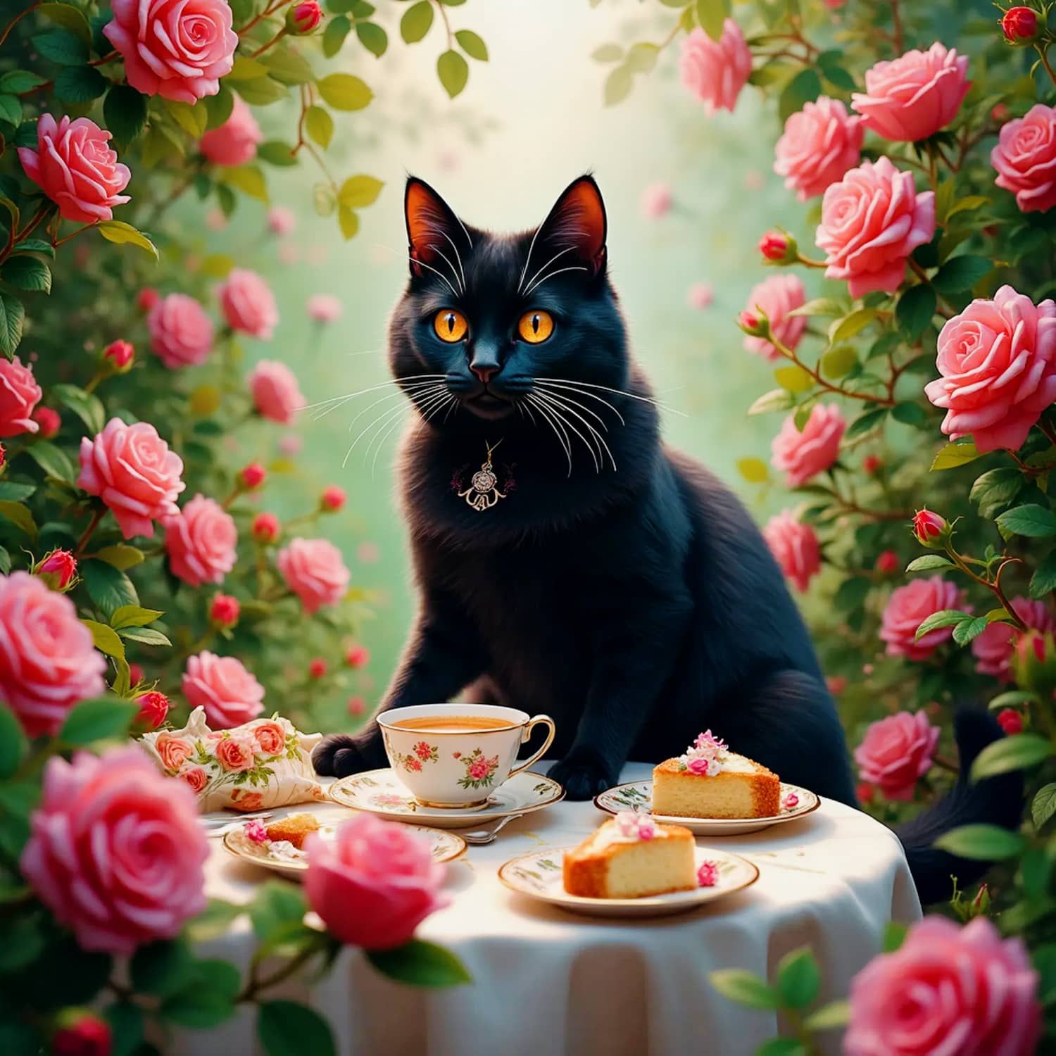 Black cat hosting a tea party