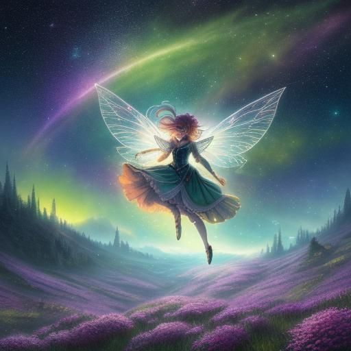 anime fairy girl soars in the air, it seems as if she is par...