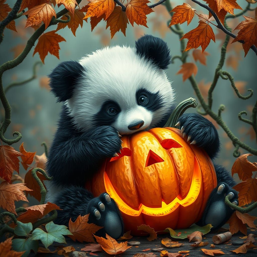 Baby panda bear chewing playfully on a halloween pumpkin  by @Miss Miraculous