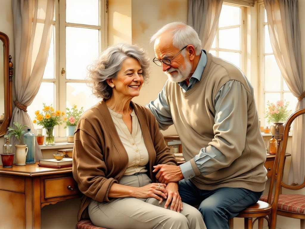 Elderly Couple's Tender Moment in Softly Painted Style
