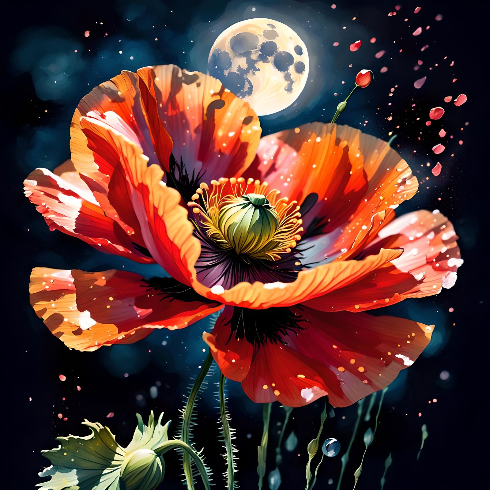 A water colour of a poppy glittering in the moon ligh, flowi...