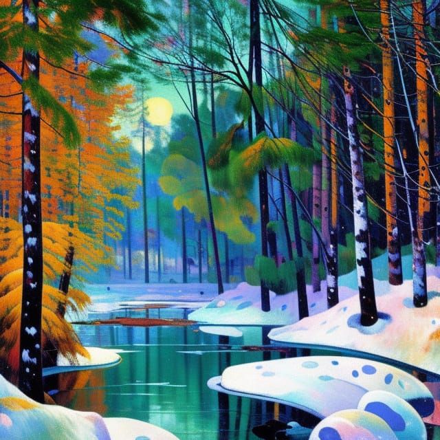 an icy, frozen creek in the winter woods