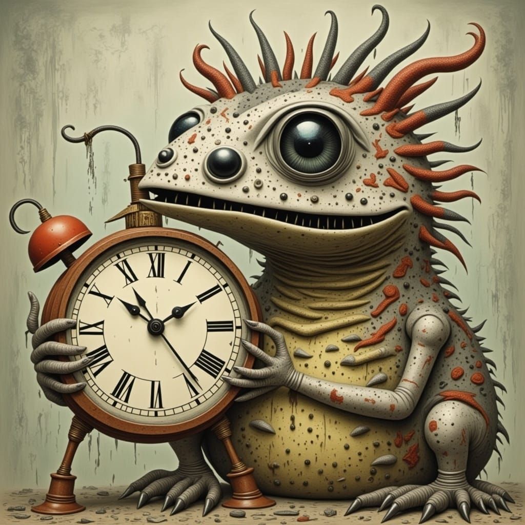 <lora:LA SOMBRA:1.0>  Cute creature holding a clock