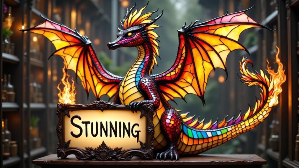  3d stained glass Dragon and Canadian goose hybrid holding a sign that has clearly written "Stunning" and breathing fire<lora:Signs:1.0>