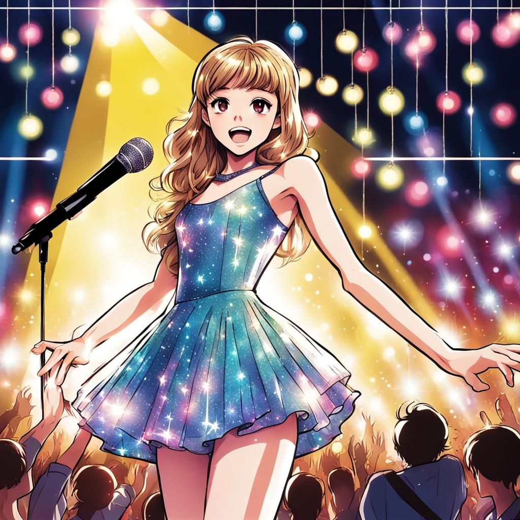 The manga-style illustrations of a teenage pop singer on sta...