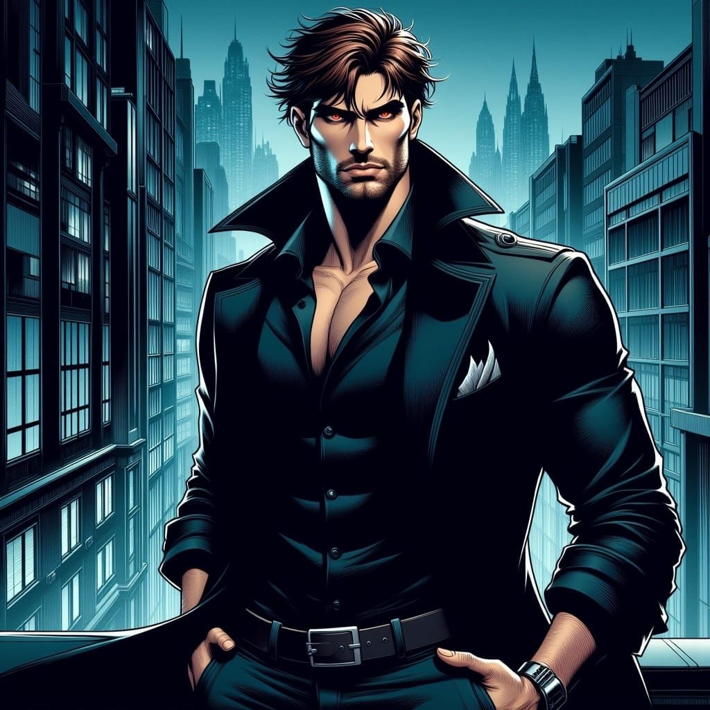 <lora:Flux Comicstyle:1.0>a beautiful, handsome, athletic male vampire, five-days-stubble, shaggy brown hair, long black coat, stoic eyes, s...