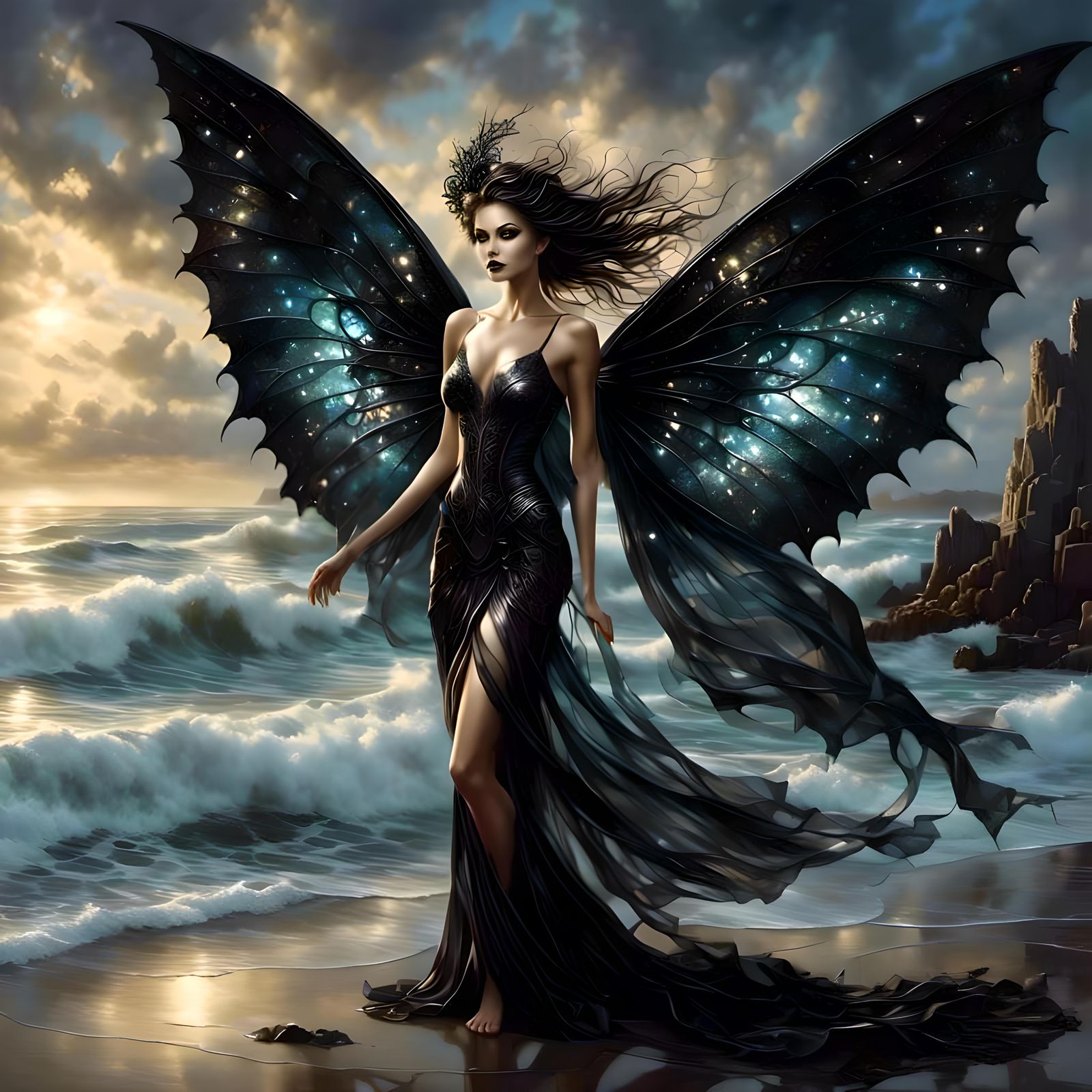 Gothic Pixie on the Beach: Photorealistic Fantasy Art