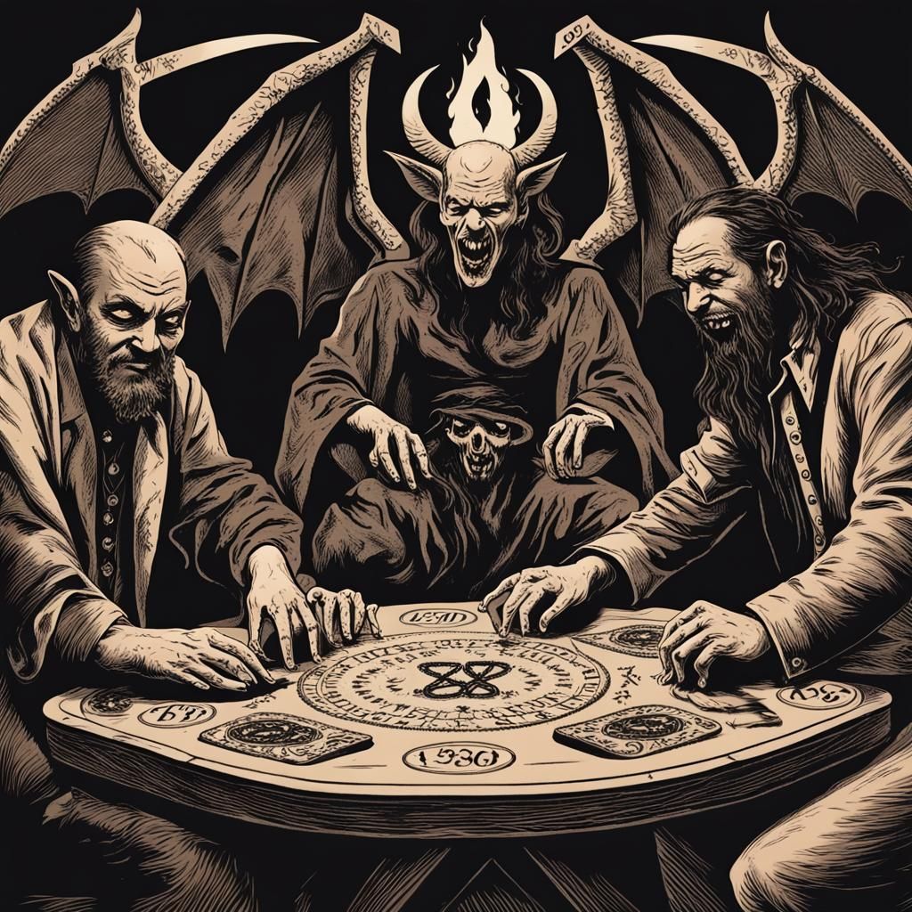 Satan and demons sitting around a table using a demonic ouij...