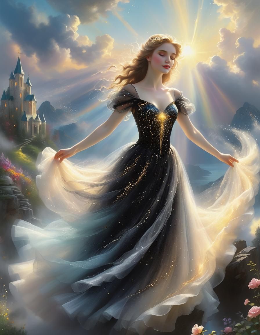 Ethereal Girl in Tulle Dress: A Thomas Kinkade Fantasy