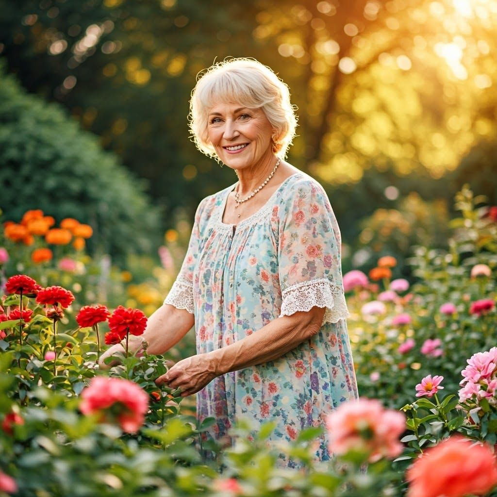 Artistic. Low angle shot. An elderly woman wearing a floral sundress, tending to her vibrant garden. Golden hour lighting. --aspect 1:1