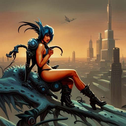 A cyberpunk vampire girl riding a robot dragon. luis rojo, b...