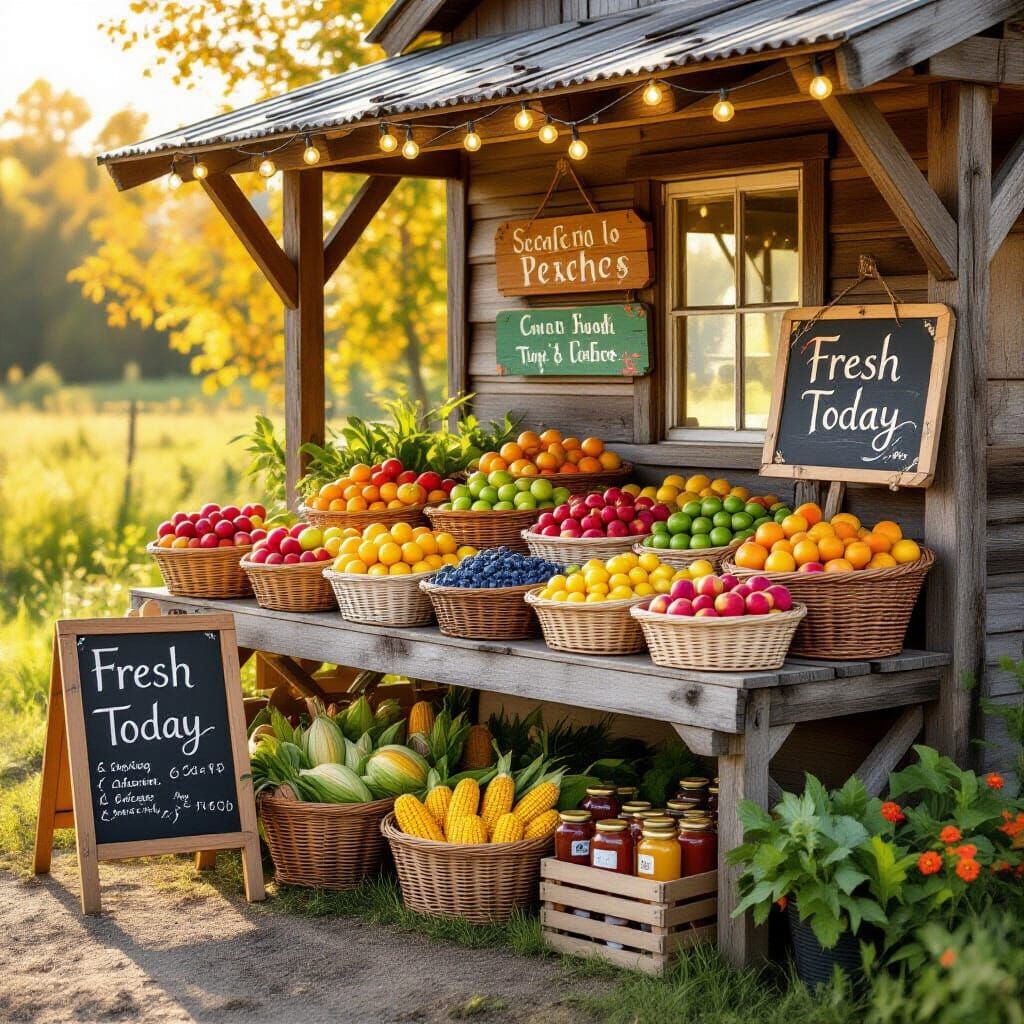 A rustic roadside produce stand overflowing with baskets of fresh seasonal fruits and vegetables — apples, ...  by @JennaM