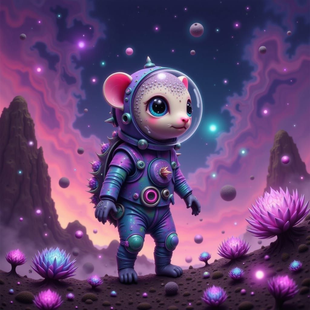 Full shot. An adorable baby pangolin wearing a tiny spacesuit explores an alien planet, with strange rock formations and bioluminescent plan...