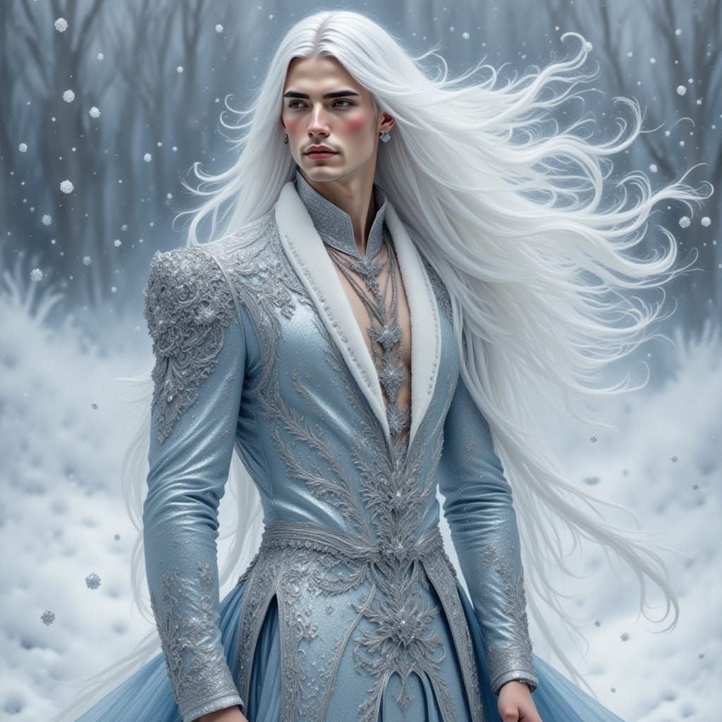 <lora:Icy Intensity:1.0> Watercolor painting man in a silver full gown, metallic shine, young man in a winter landscape, in a silver and blu...