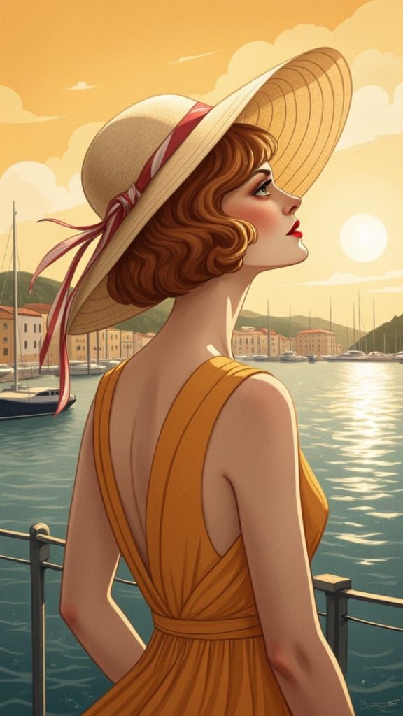 Art deco style: Back view Portrait of a beautiful ginger woman with slightly wavy hair, wearing a big sophisticated hat and a fluid long dre...