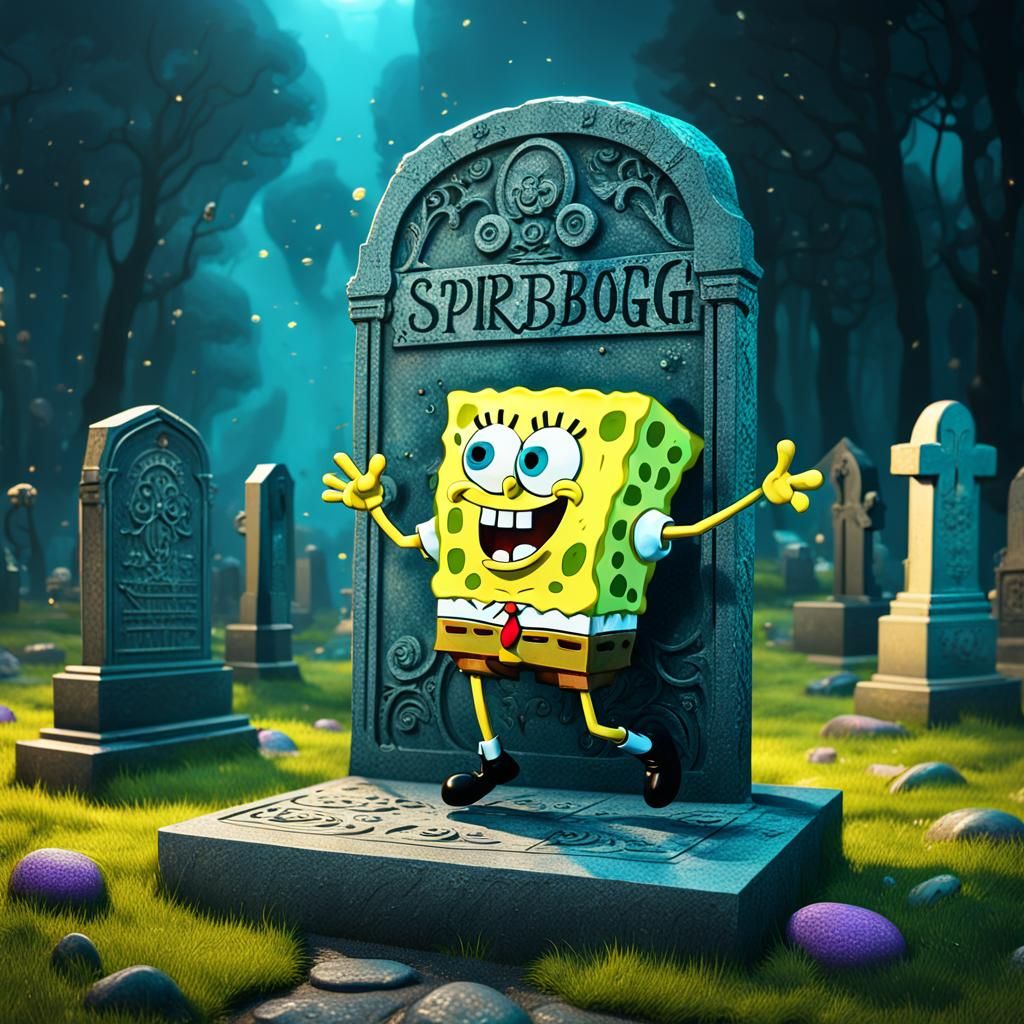 make a picture of Spongebob dancing on a grave stone. Extremely high ...