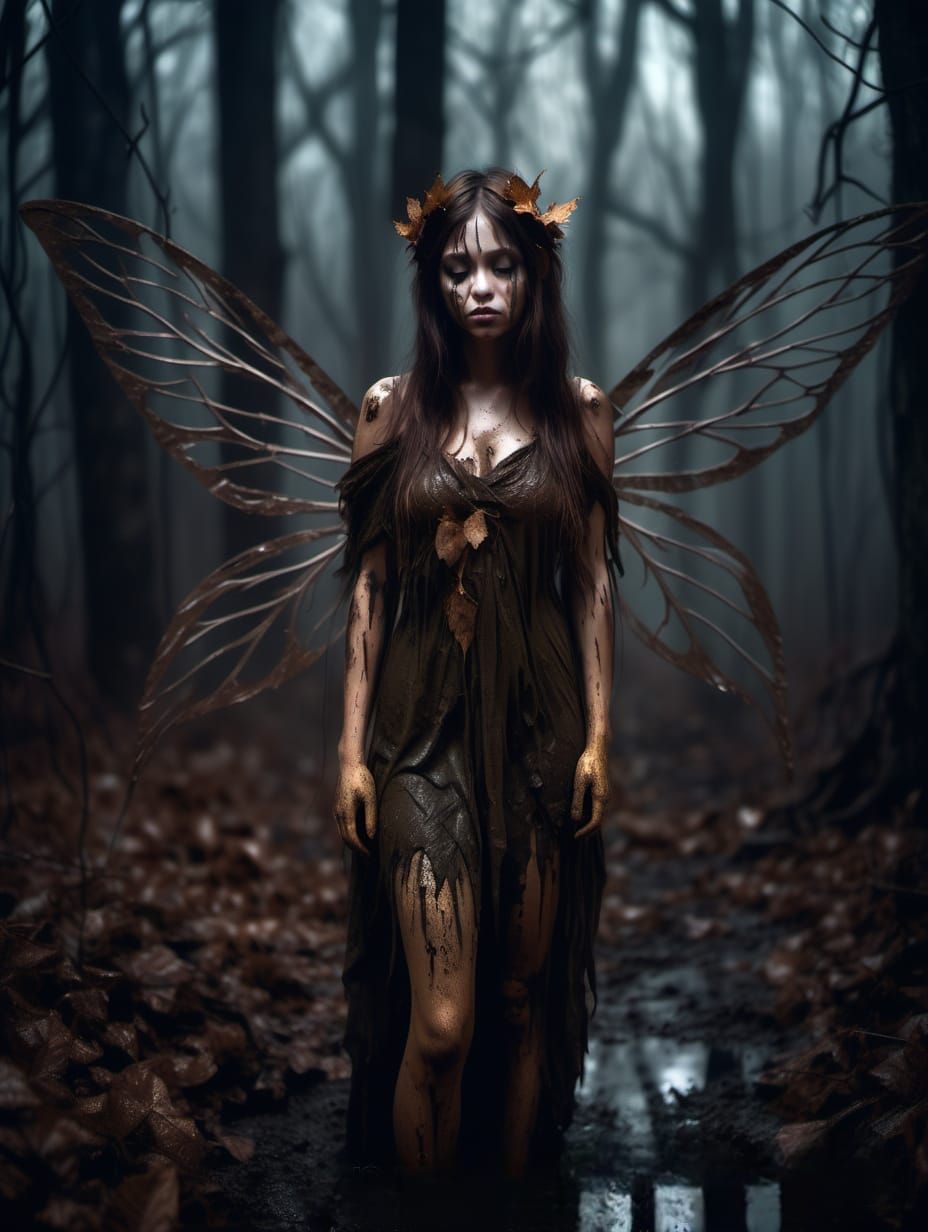 A fairy with wings in a dark and foggy night found herself in a creepy forest, troubled and sad. Covered in mud, grass, ...