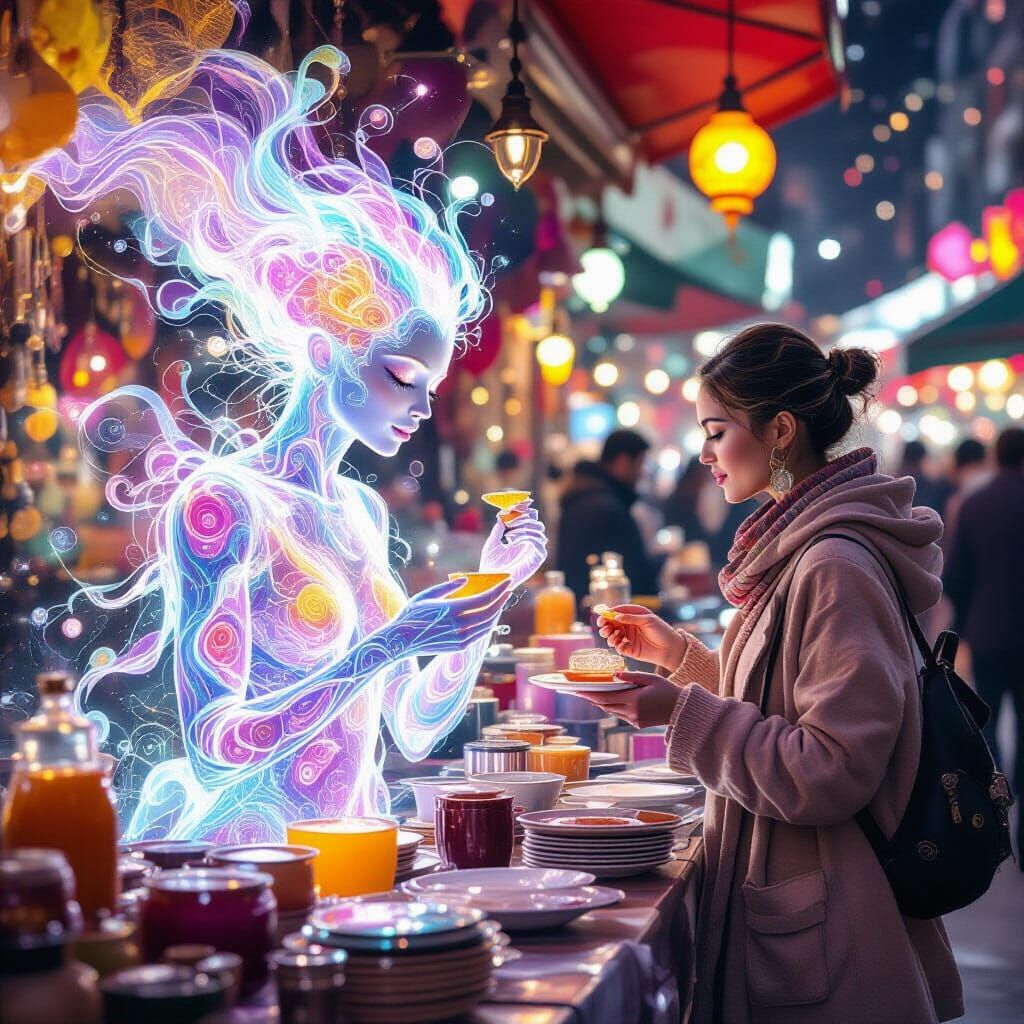 An intergalactic shopper delicately tastes a sample of a radiant, viscous fluid offered by an otherworldly ...  by @Suz