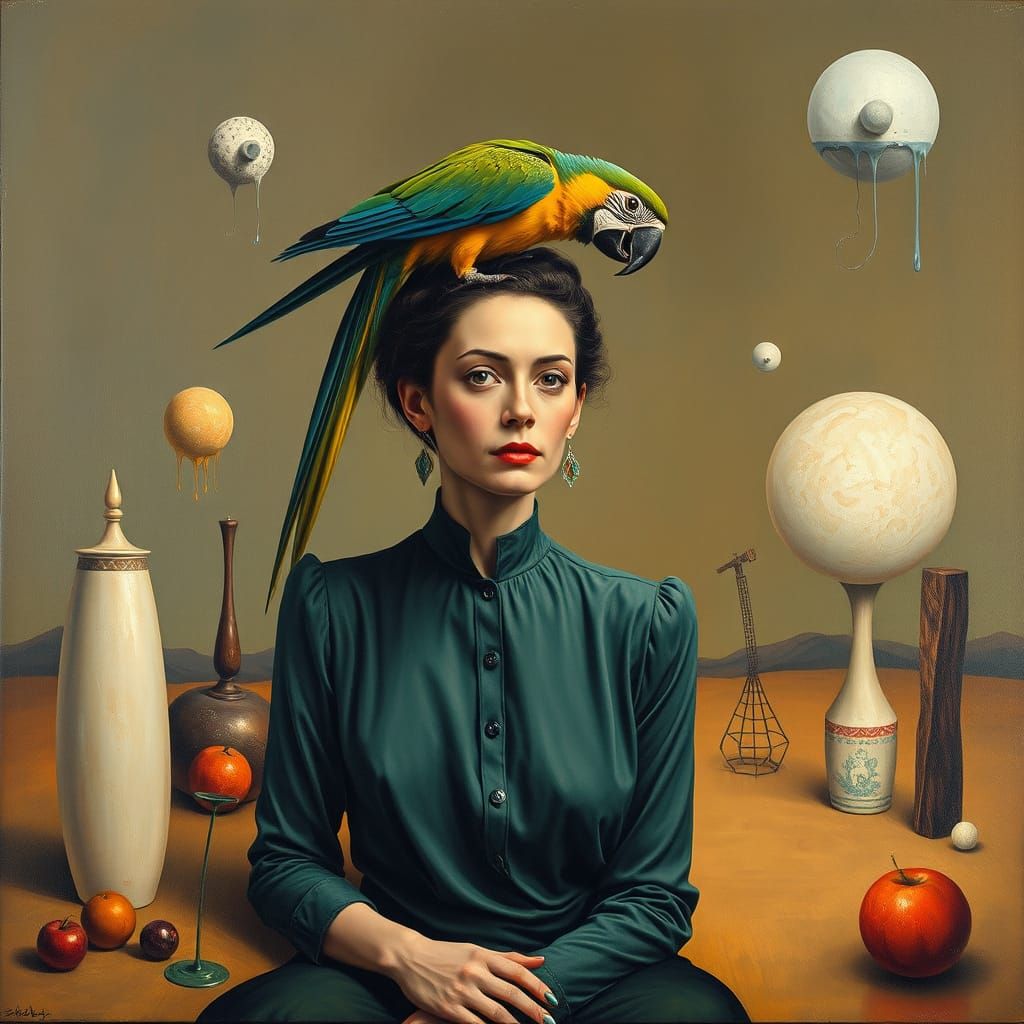Woman in Surrealist Dreamscape with Parrot