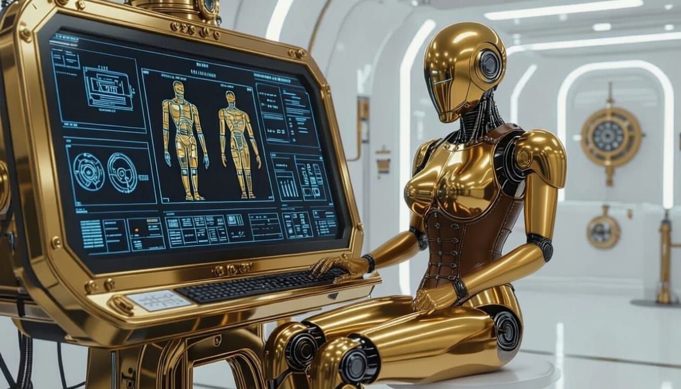 A shiny gold 1-armed android is sitting in front of a massive intricate computer display with multiple screens all showing some aspects of c...