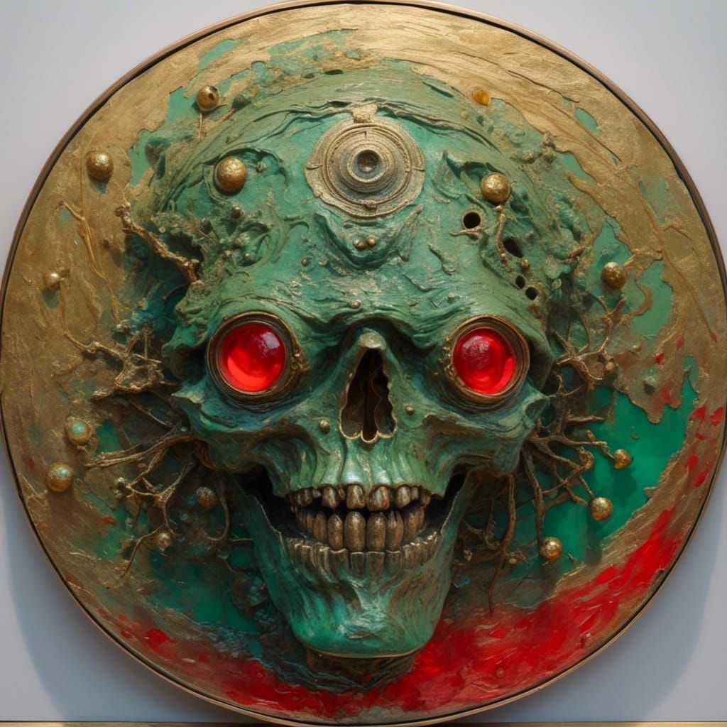 bizarre kult, fullmoon,türkisgelb-rot, <lora:eye:1.0> ,bronz...