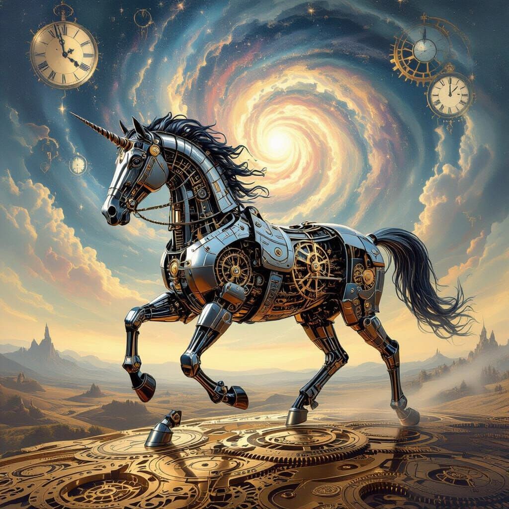A majestic clockwork horse (((With Wings))), gears and cogs intricately visible beneath its metallic hide, gallops across a surreal, dreamli...