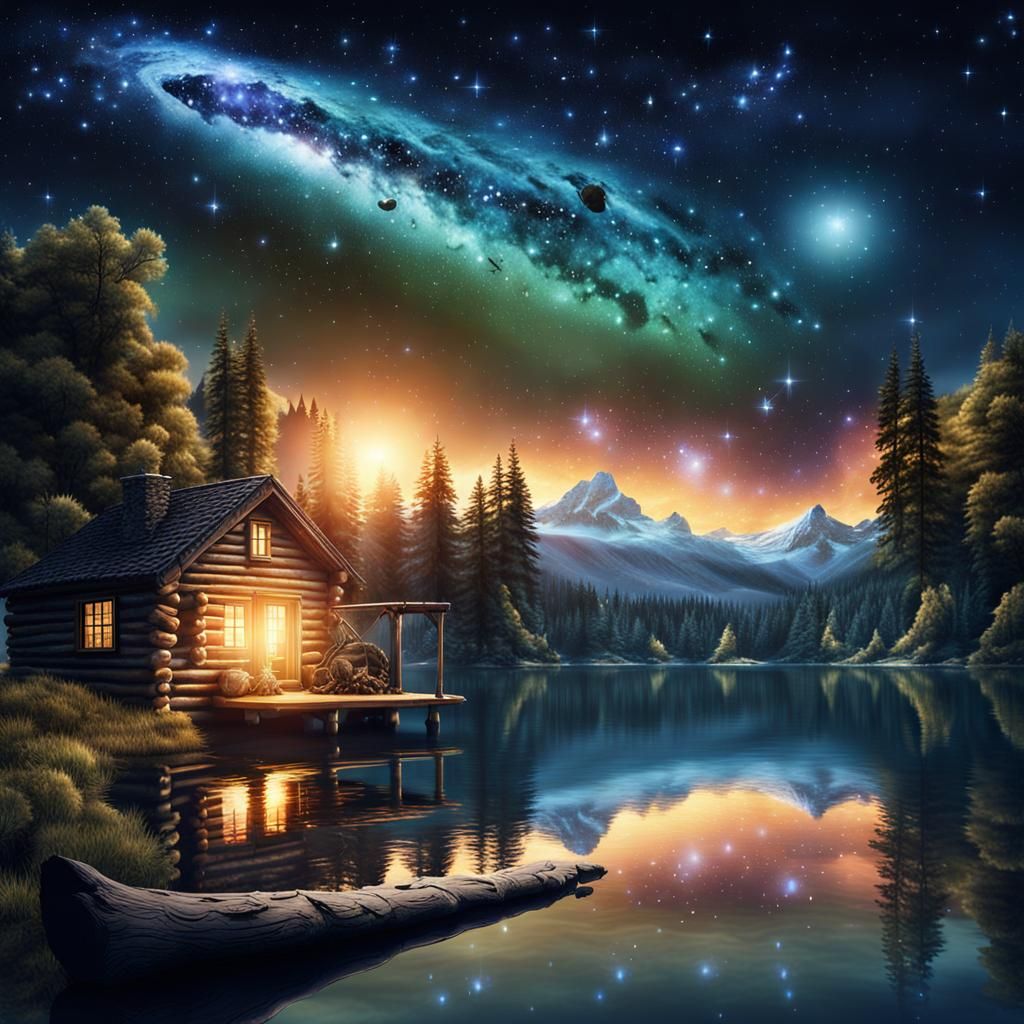 Night sky constellation of stars nebula with comet over a lake with a log cabin Epic cinematic brilliant ...  by @YorksWarrior