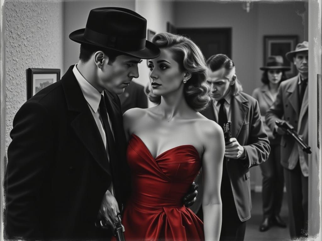 Noir Detective Protects Lady in Red from Gangsters