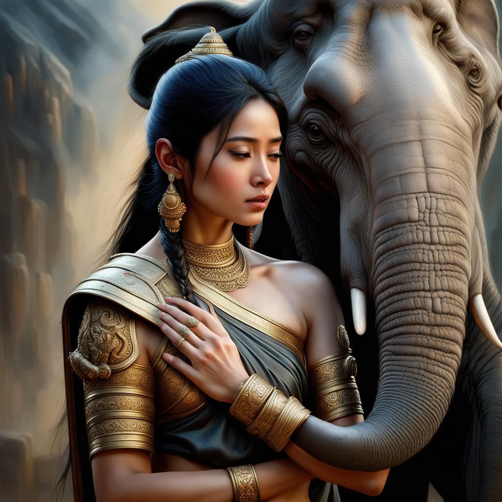 Beautiful Thai warrior with black hair and elephant Arms wra...