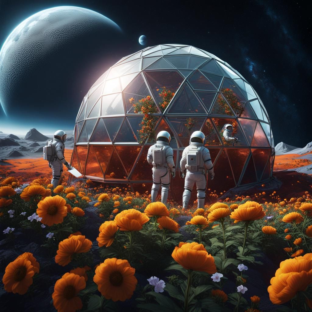 Three men in spacesuits tending to the flowers in a geodesic...