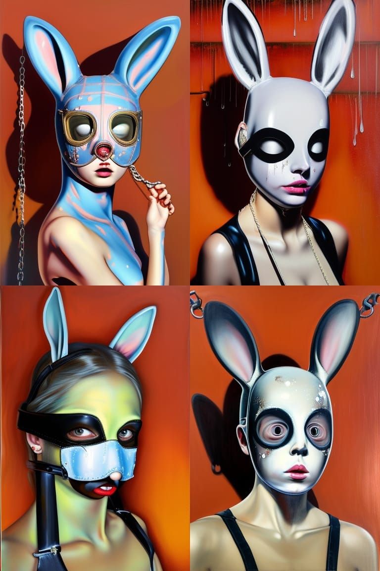 girl in latex bunny mask. beautiful face. ball gag, collar o...