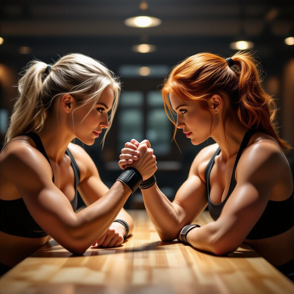 Blonde girl arm wrestling with right hand against ginger girl. Both girls are fit and slim with their hands engaged and pronounced with musc...