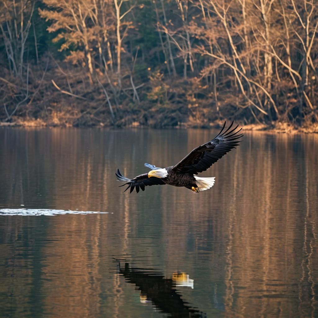 Bald eagle flying over lake, reflection in water