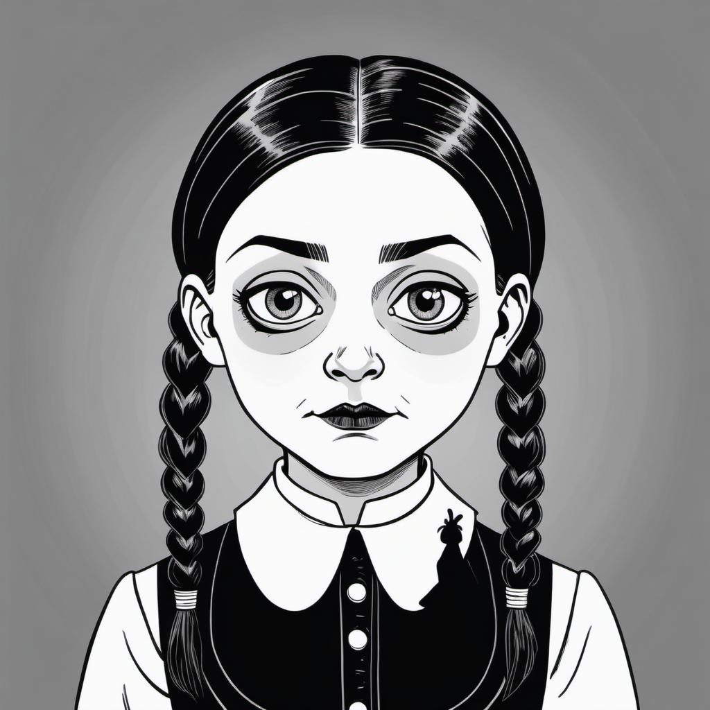 Wednesday Addams. Comics lines black and white in the style of George ...