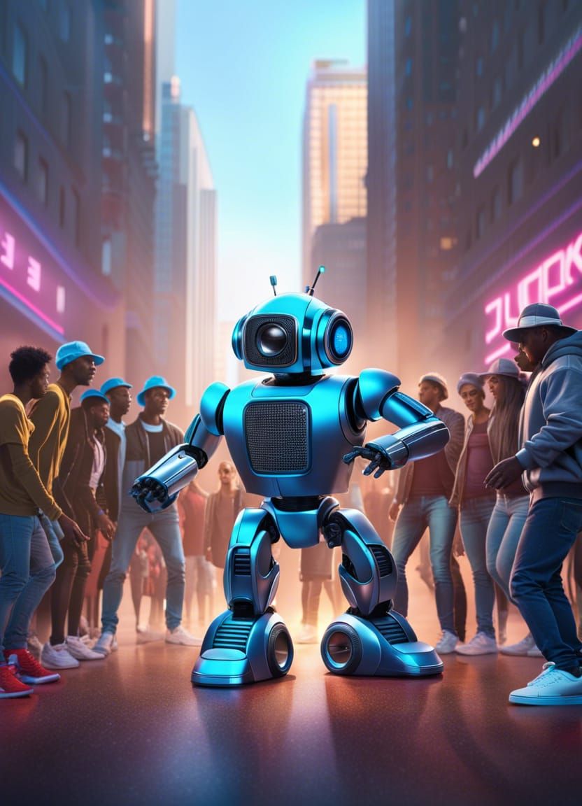 standing Boom box robot surrounded by human break dancers, s...