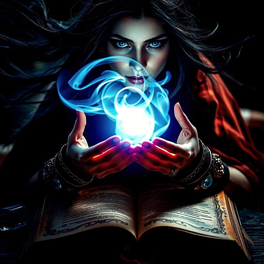 Mystical woman with glowing blue eyes manipulates a swirling orb of light energy above an open ancient ...  by @kylapink