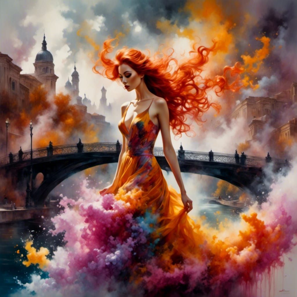 <lora:ColoredSmokeStyle:1.0> Pretty woman in windblowing ginger hair awalks down the river filled with colorful smoke. The dress swirls like...