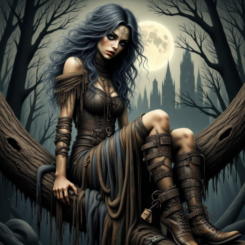 Woman sitting on a large tree branch.