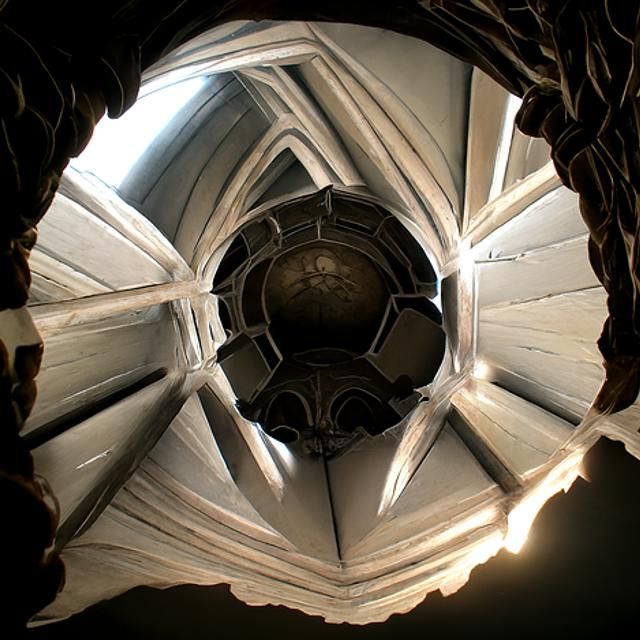 view from below into a gothic fan vault ceiling
