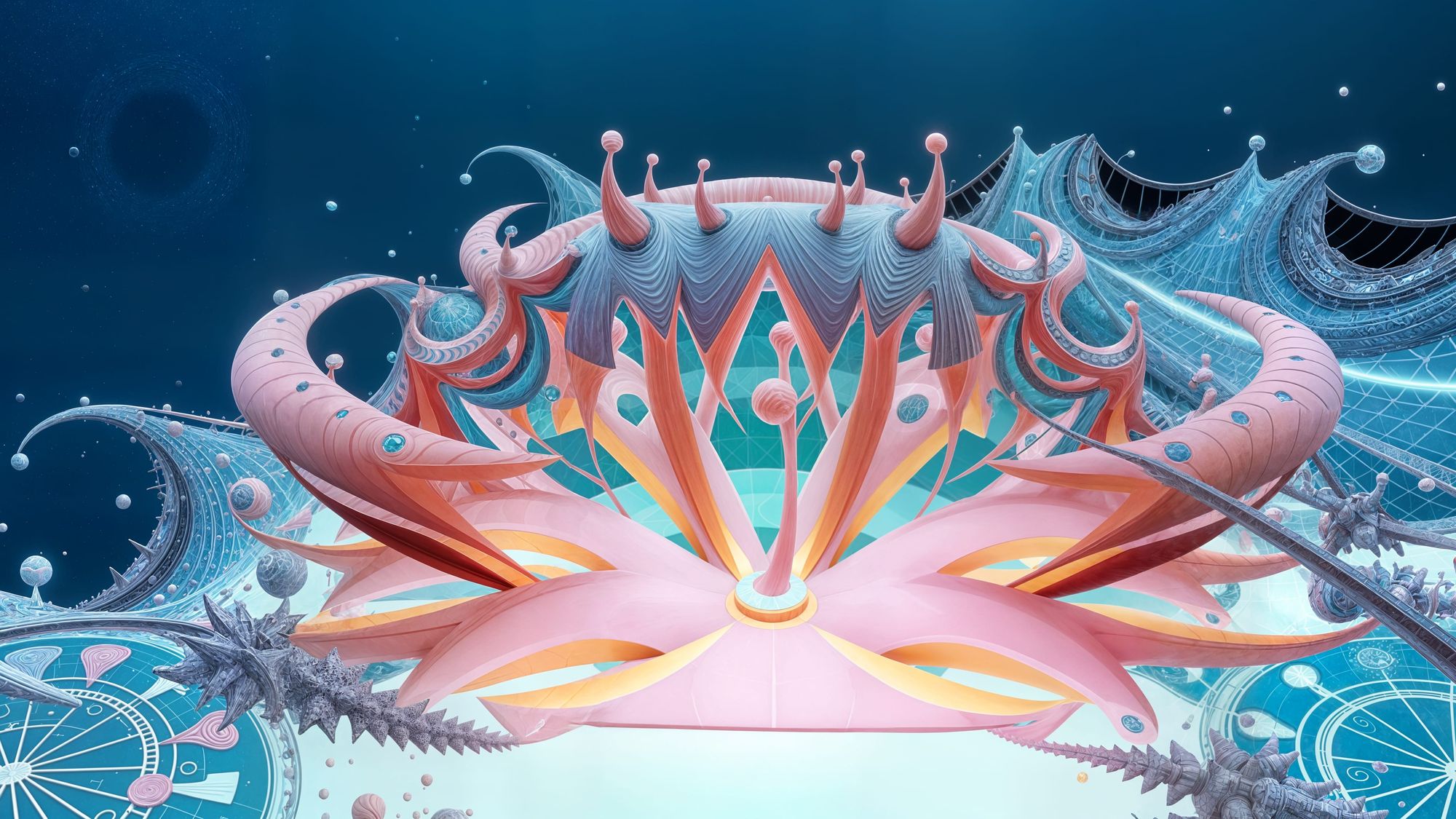 A highly detailed, abstract 3D fractal rendering resembling a Mandelbulb variant with hyperbolic deformations, featuring a central orange bu...