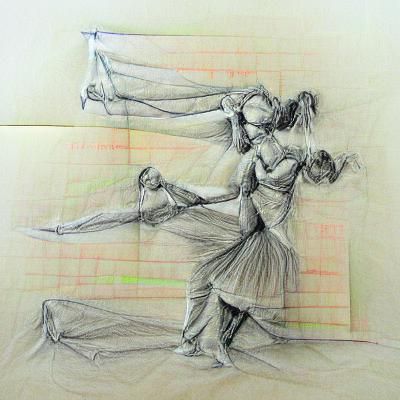 Modern pencil sketch on lined paper, pair dance choreography