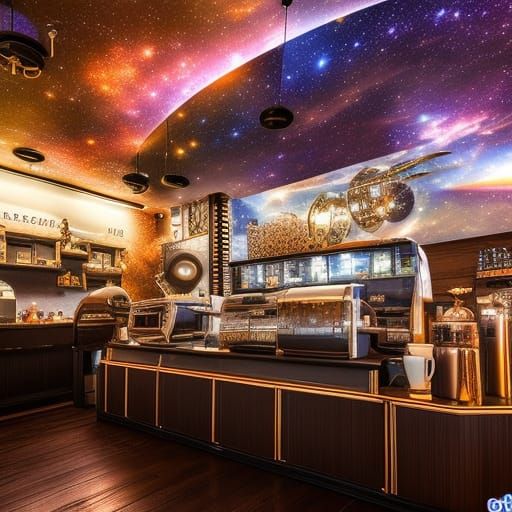 Coffee Shop in Space whimsical coffee shop in outer space, i...
