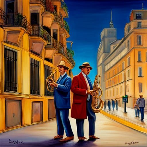 Two men, reminiscent of Enrico Baj, in vibrant suits and Pan...