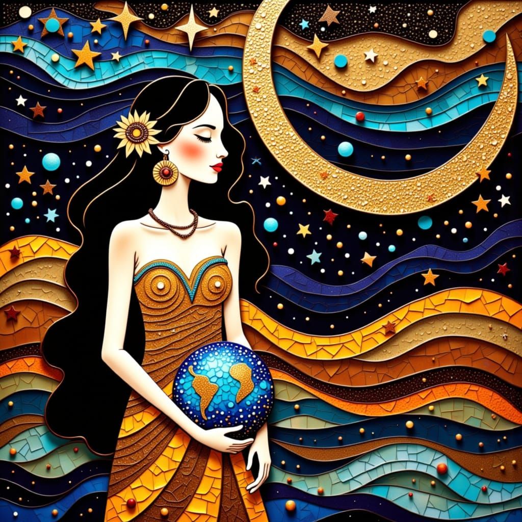 <lora:Art Duced:1.0> Mosaic Organic Composition African Queen Moonlight Fantasy Stardust Gustav Klimt