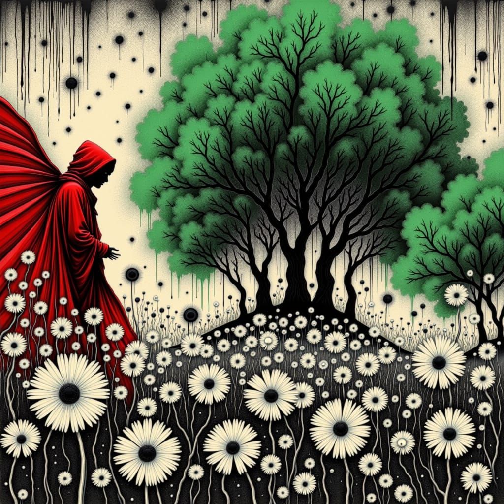 <lora:TriXy3:1.0> Banksy Oil painting in red black and white  haunting, exploration of identity