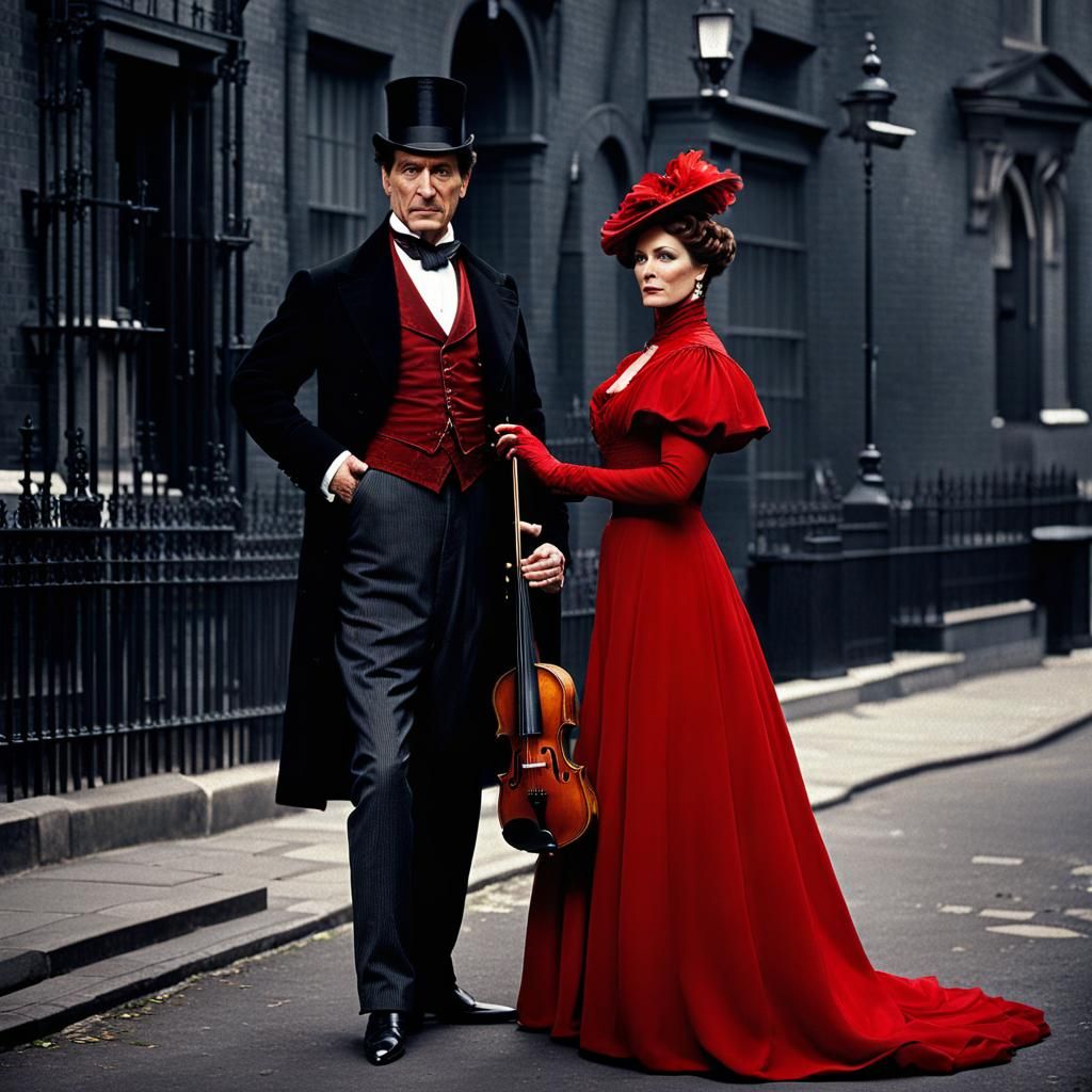 Jeremy Brett as Sherlock Holmes holding a violin and the Lady in Red, London 1900 full portrait, sinister, ...  by @HarrietM