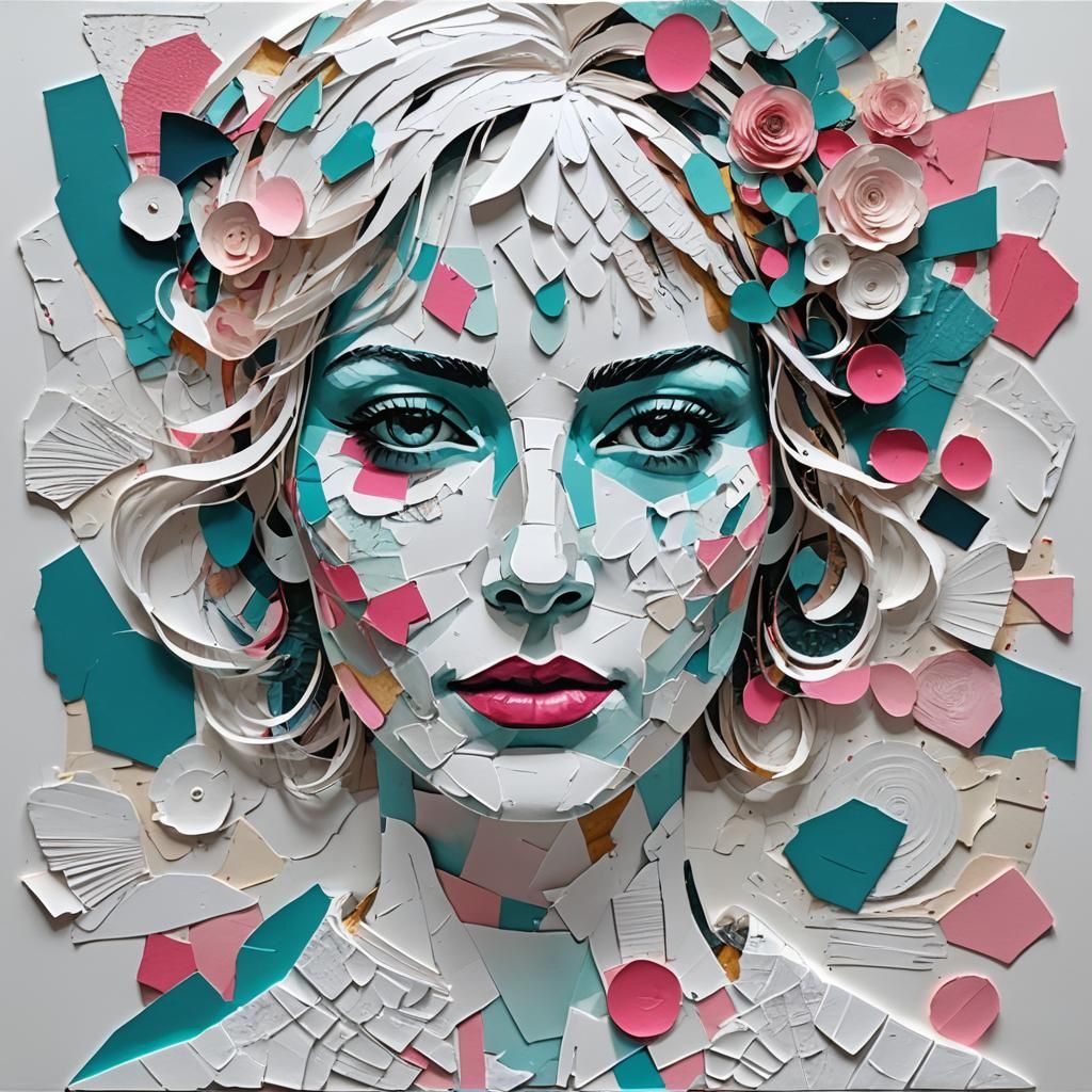 Paper collage in white, face of a woman, accents in turquois...